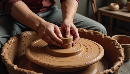 Fototapeta premium Potter shaping clay on spinning wheel
