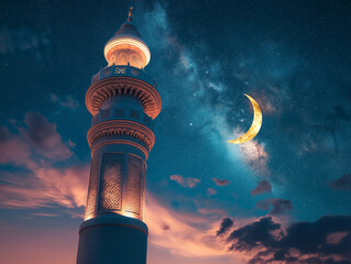 Grand mosque minaret with a glowing crescent moon in a dark blue sky, exuding peace and spiritual tranquility, serving as an iconic representation of Islamic culture and devotion.