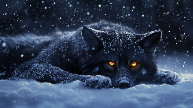 black wolf with golden eyes laying in snow