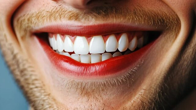 Smiling man with a perfectly groomed beard and vibrant red lipstick captured in a close-up view