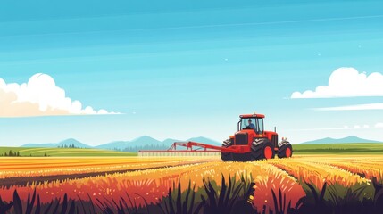 Obraz premium A tractor working in a golden field under a blue sky with mountains in the background.