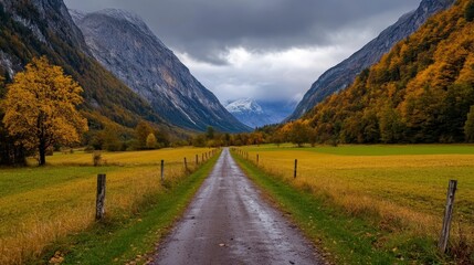 Autumn Mountain Valley Path Under Dramatic Sky