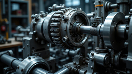 Naklejka premium This is an industrial-themed photo featuring mechanical machinery with intricate parts on a workshop floor.