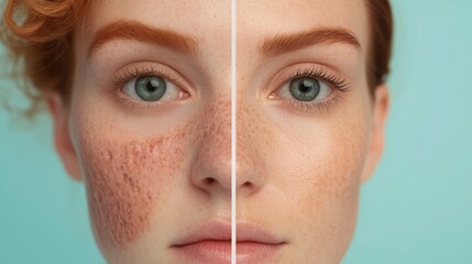 Split face comparison highlights the contrast between acne and glowing skin for clear skincare insights. Generative AI