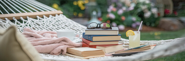 Relaxing Summer Hammock Books Drink and Peace