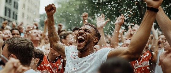 A jubilant crowd bursts into joyous celebration, showering confetti, capturing a moment of shared triumph and exuberance in the heart of the city.
