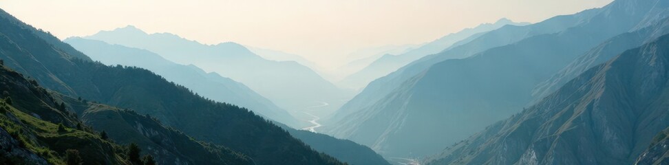 Fototapeta premium Gentle morning mist wraps rugged mountain slopes, mist, fog, atmospheric