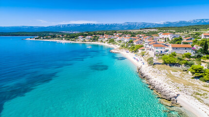 Aerial view of coastal village, turquoise water, beach, mountains, sunny day. Potential use for travel brochures, tourism websites