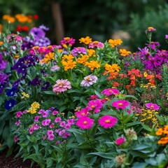 Fototapeta premium Flowerbed blooms with Zinnias and Euphorbia