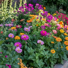 Fototapeta premium Zinnia, Euphorbia, petunias, and asters bloom