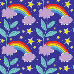 seamless pattern with rainbow. Abstract pattern. Stars, sky, vine, clouds, plants, leaves