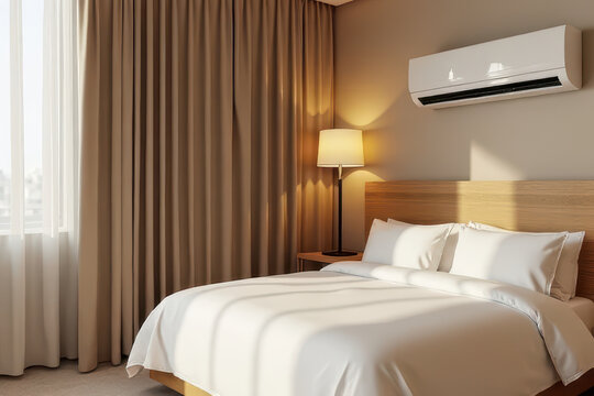 cozy bedroom with neatly made bed, bedside lamp, and air conditioner by window