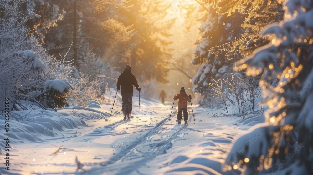 Poster a family enjoys cross country skiing on a snow covered trail surrounded by trees, basking in the war