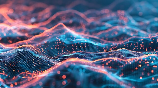 3D rendering of abstract digital background. Futuristic wave of glowing particles with depth of field and bokeh.