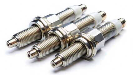Four metallic spark plugs arranged neatly, showcasing their threaded bases and ceramic insulators, essential components for internal combustion engines.
