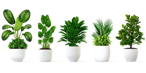 Fototapeta premium Collection of Indoor Green Plants in Modern White Pots