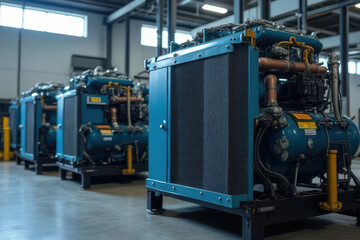 Industrial compressors in factory setting, showcasing modern engineering and efficiency