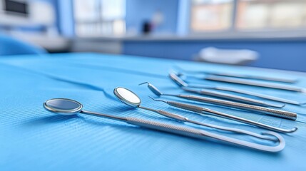 Dental Tools and Instruments on Blue Surface in Dental Clinic