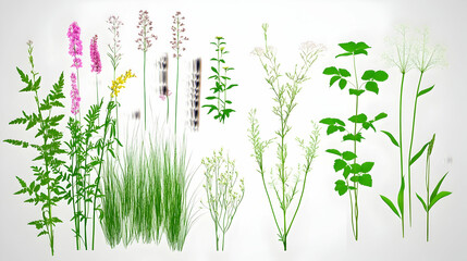 Assorted Wildflowers and Grasses Isolated on White