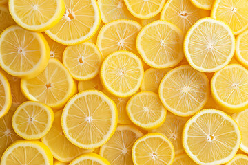 Close-up of multiple lemon slices arranged in an overlapping circular pattern, highlighting their detailed texture, bright color, and fresh, juicy pulp.