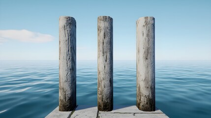 Tranquil Seaside Scene with Three Weathered Wooden Pillars