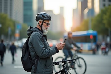 Man is looking at his phone while standing on street