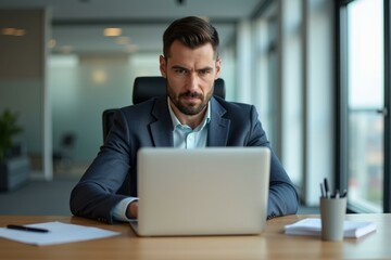 Man is sitting at desk with laptop in front of him