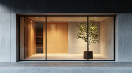 Modern shop window showcasing minimalist design with potted plant