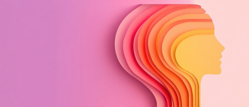 A colorful, abstract representation of a woman's profile in layered paper cutouts, blending soft pinks and oranges against a subtle background.