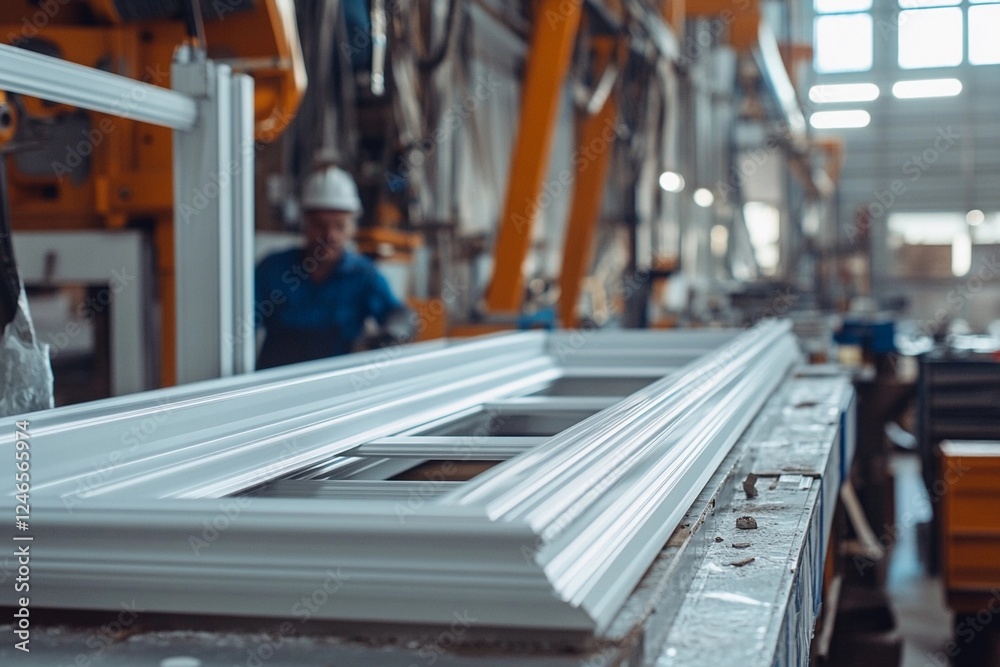 Wall mural Manufacturing process of white trim in a well-equipped factory during daylight hours