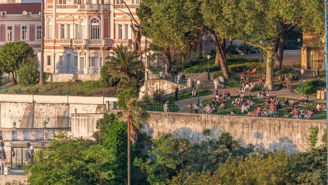 Jardim do Torel timelapse with views to the city center of Lisbon during sunset. Portugal