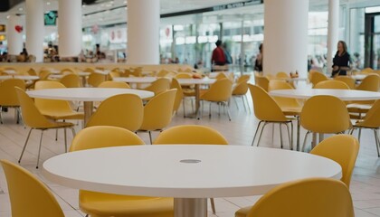Interior of white table and wooden table on food court in shopping mall. food center in department store. shallow focus7