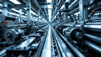 Fototapeta premium Industrial factory assembly line with machinery and conveyor systems.