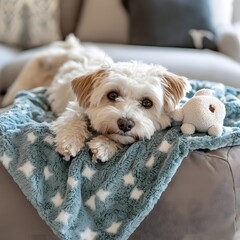 Adorable, fluffy white dog peacefully resting and snuggling on a cozy plush blanket on a comfortable living room sofa. The canine companion appears calm, content, and perfectly at home in a warm.