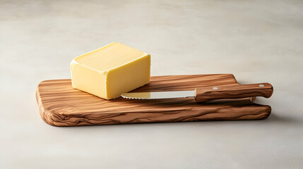 Block of butter on olive wood cutting board