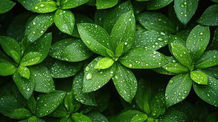 Fototapeta premium Nature backgrounds with a close-up of raindrops on green leaves after a light shower