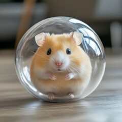 Adorable hamster enclosed within a transparent glass sphere, showcasing its curious and playful nature. The small, furry rodent is surrounded by a captive habitat.