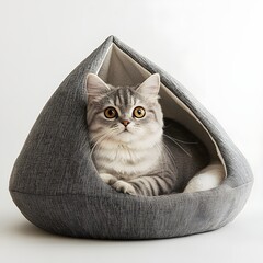 Adorable gray domestic cat or kitten cozily nestled and curled up sleeping inside a soft, plush, velvet-like fabric blanket or throw.