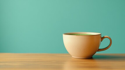 Minimalist Coffee Cup on Simple Wooden Table Against Soft Teal Background for Relaxed Atmosphere