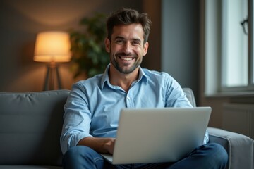 Man is sitting on couch with his laptop smiling