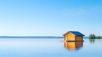 Calm lake, wooden cabin on floating dock, tranquil morning scene, for nature wallpaper, travel or real estate advertisement