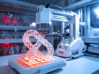 Advanced 3D printing technology in action, creating a unique digital prototype structure in a futuristic industrial laboratory setting.