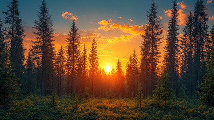 Nature backgrounds with a sunrise illuminating a serene forest landscape