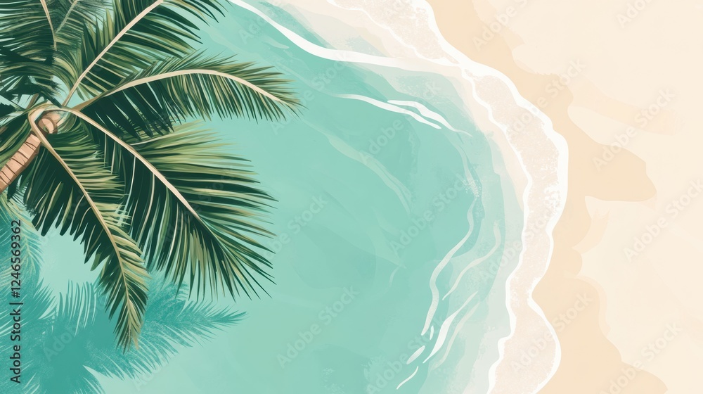 Poster relaxing on a tropical beach with coconut palm trees and turquoise waters in a serene paradise setti
