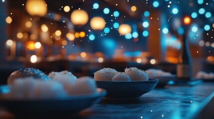 Elegant dining setting with sushi plates and soft bokeh lights in a cozy restaurant ambiance