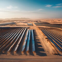 Aerial view of an expansive solar farm with rows of photovoltaic panels spread across a vast desert landscape.