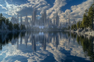 Obraz premium City skyline reflects in calm lake surrounded by trees during sunset with vibrant clouds and soft glow