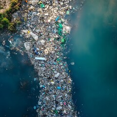 Aerial View of Coastal Pollution Highlighting Environmental Degradation and the Need for Sustainable Solutions to Address the Global Waste Crisis and Protect Fragile Marine Ecosystems.