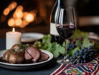 A gourmet dinner setting with a glass of red wine, grilled meat, fresh grapes, and candlelight, creating an elegant and cozy atmosphere