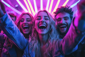 Excited group of friends celebrating with joy under colorful lights. Their laughter and energy create vibrant atmosphere, capturing essence of fun night out